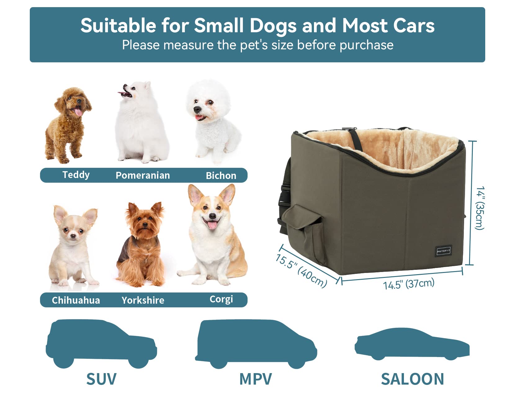 Petsfit Dog Booster Car Seat For Small Dogs, Dog Car Seat With Safety Leash, Suitable For Cars, Trucks, And Suvs (Small, Brown)