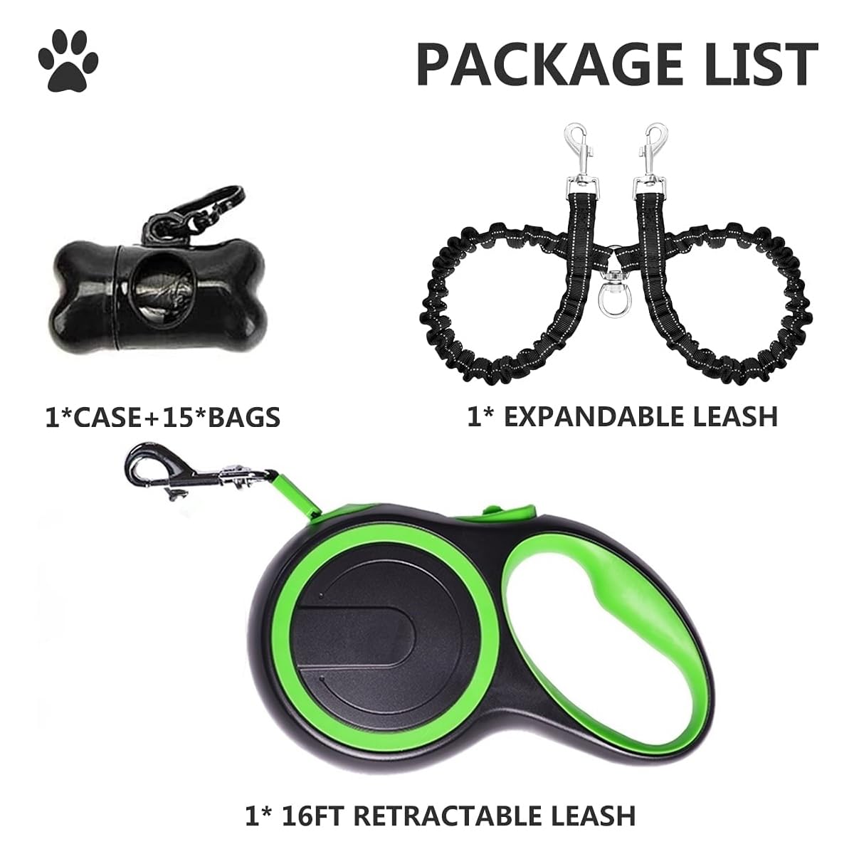Haivebo Dual Retractable Dog Leash For 2 Dogs (Green) - 16Ft Heavy Duty Leash With One Button Lock & 360 Tangle-Free Design, For
