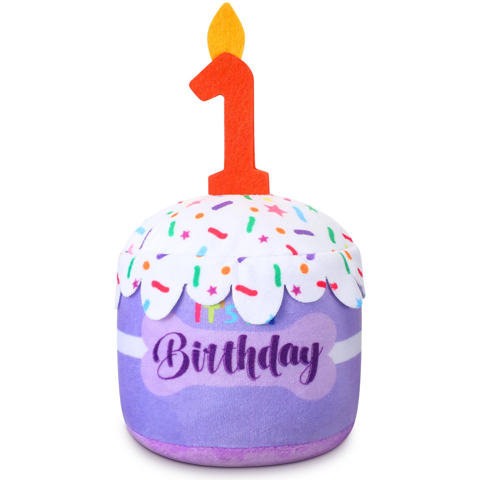 Dansydaisy Dog 1st Birthday Cake Toy Accessories for Girl Boy Gifts, Purple Squeaky Plush Toy for Dog Birthday Party Decor Favor