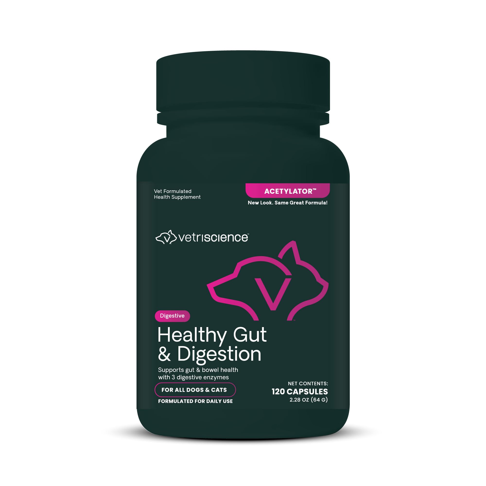 VetriScience Healthy Gut & Digestion Easy-Open Capsules, Acetylator Digestive Enzyme Supplement for Dogs and Cats, Probiotics an