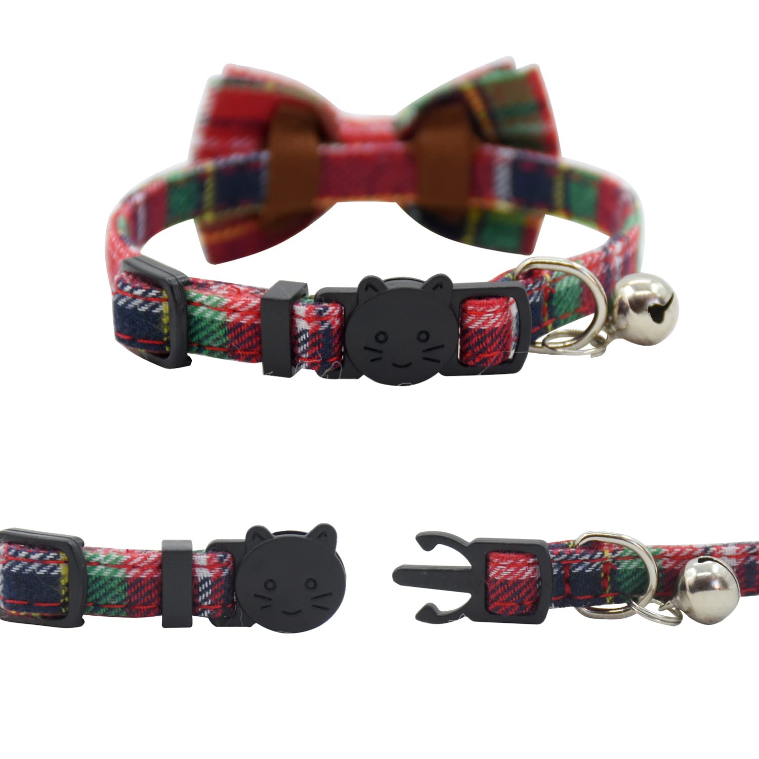 Cat Collar Breakaway With Bell And Bow Tie, Plaid Design Adjustable Safety Kitty Kitten Collars(6.8-10.8In)(Christmas Red&Green)