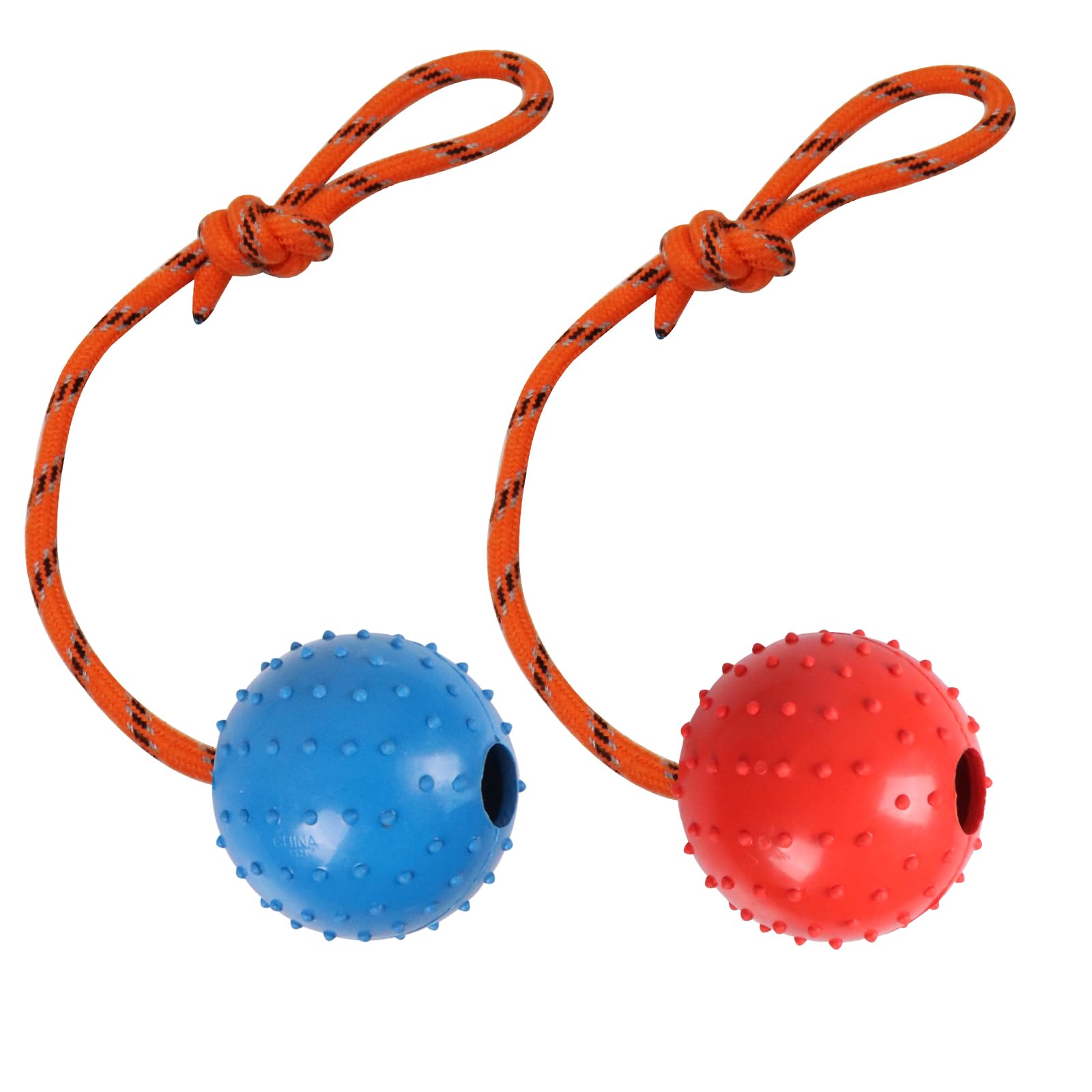 Nevperish 2 Pack Dog Ball, K9 Ball On Rope For Reward, Fetch, Play (Blue And Red)