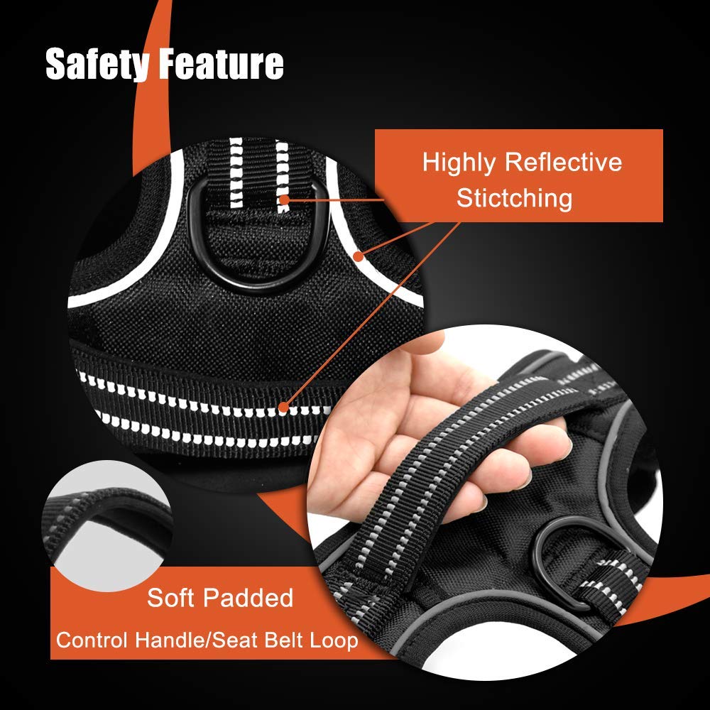 PHOEPET No Pull Dog Harness Reflective Adjustable with 2 Metal Leash Hooks and Soft Training Handle [Over The Head Design](S, Gr