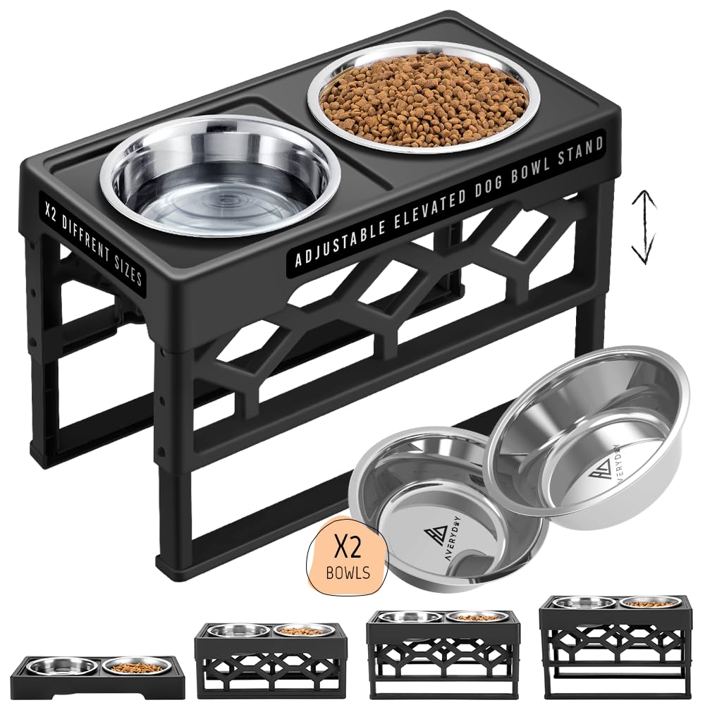 AVERYDAY Small Elevated Dog Bowls Stand, Adjustable 4 Heights Raised Dog Dish Holder with 2 Stainless Steel Dog Food and Water B