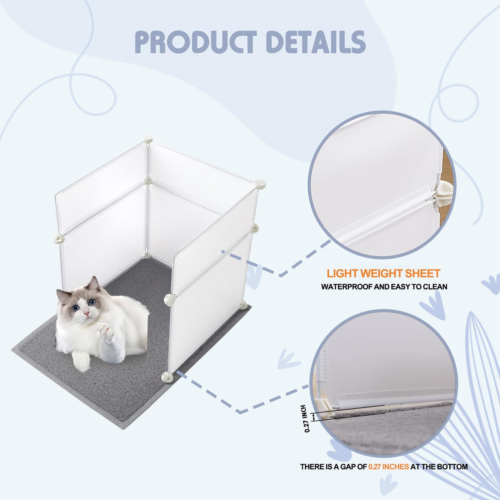 Meexpaws Cat Litter Box Enclosure Splash Guard Large L19?19?20 Inch, Light Weight Plastic Sheets With Cat Litter Mat Easy Clean (White)