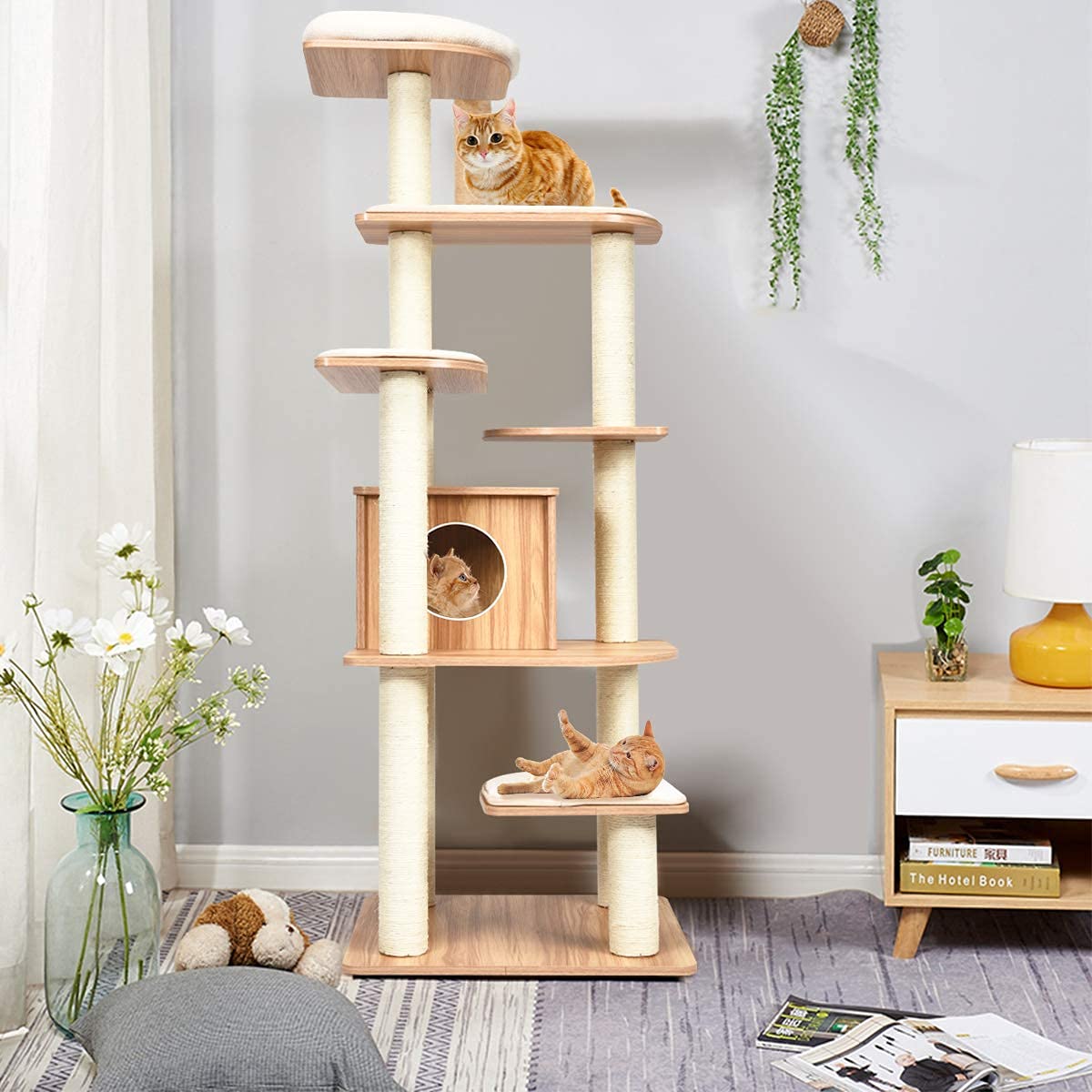 Tangkula Tall Cat Tree, 69-Inch Modern Cat Tower with Sisal Rope Scratching Posts, Wood Cat Tree with Multi-Layer Platform, Cat