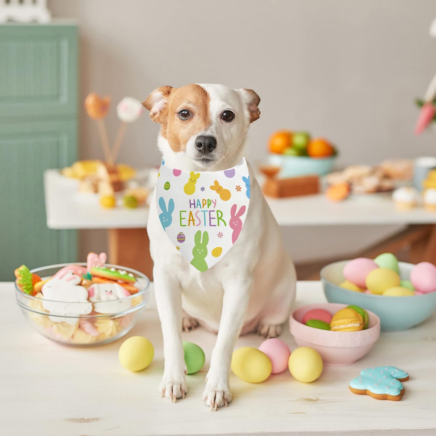 Easter Dog Bandanas 2 Pack, Adjustable Colorful Bunnies Eggs Triangle Easter Dog Outfits Reversible Dog Costume For Small Medium