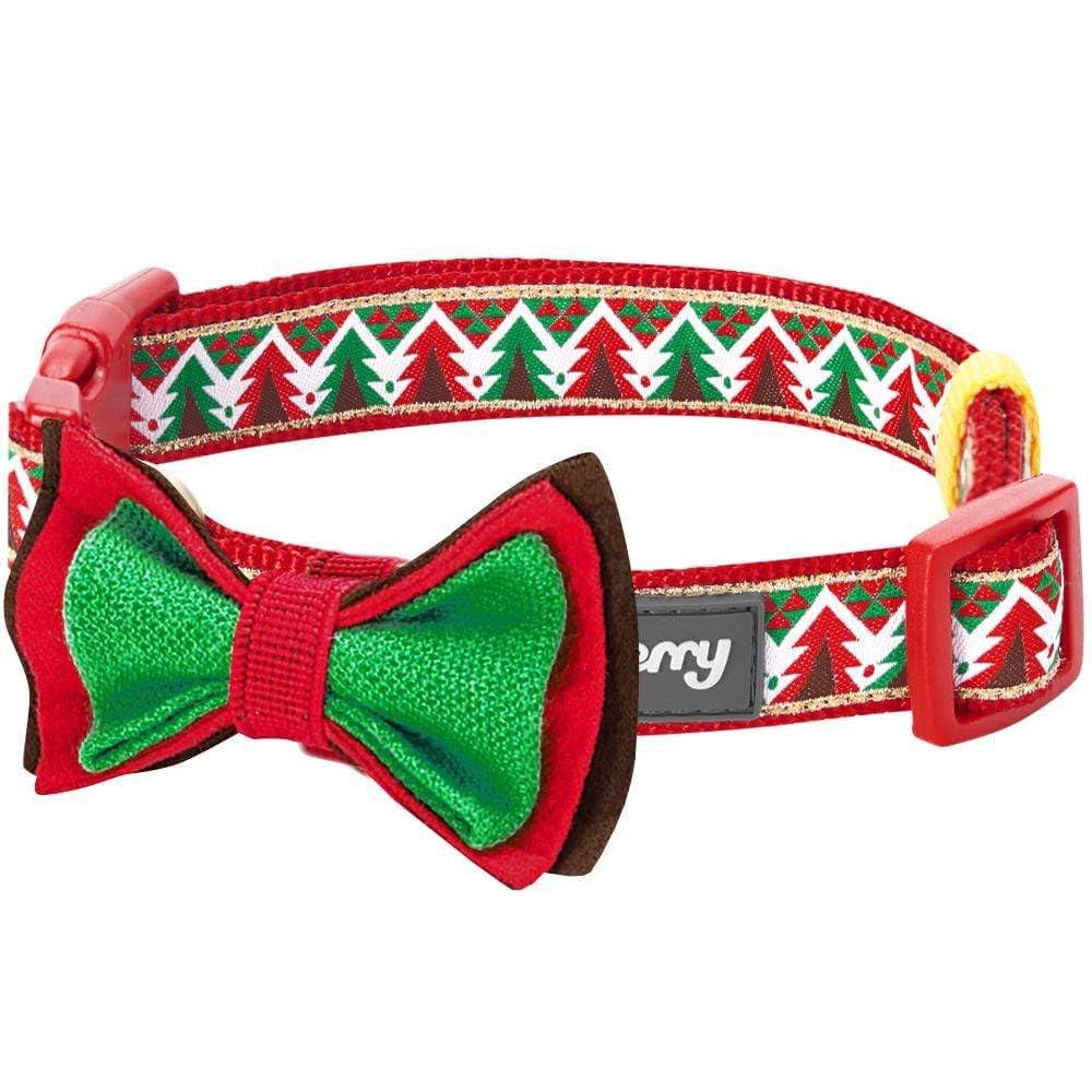 Blueberry Pet 4 Patterns Christmas Charm Breezy Trees Adjustable Dog Collar With Detachable Bow Tie, Small, Neck 12'-16'