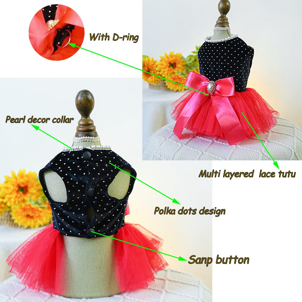 Anelekor Black Polka Dot Dog Dress With D-Ring, Puppy Wedding Attire For Small Dog Girl,Cat Birthday Outfit, Red Tutu Party Dres