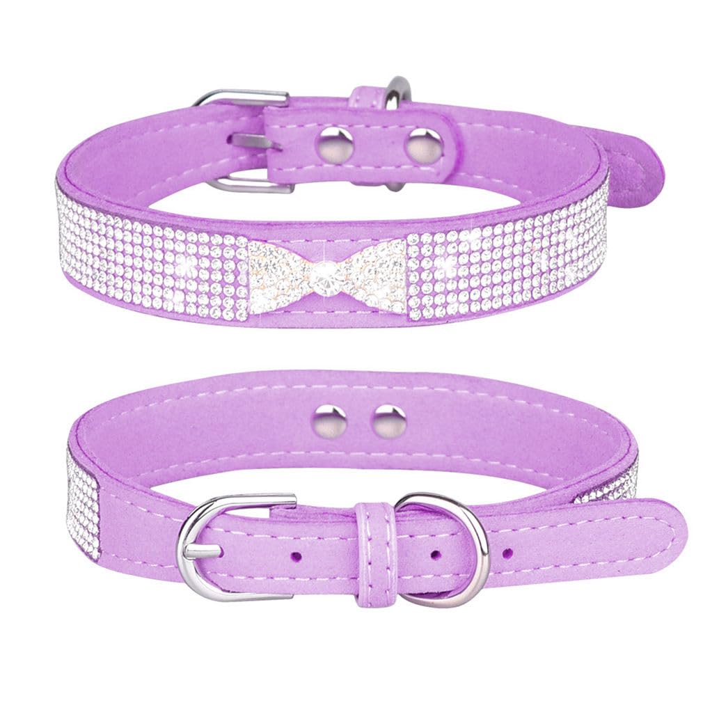 Purple Bling Dog Collars For Small Dogs, Pretty Bow Crystal Rhinestone Cat Collars Glitter Jeweled Sparkly Diamond Girl Puppy Co