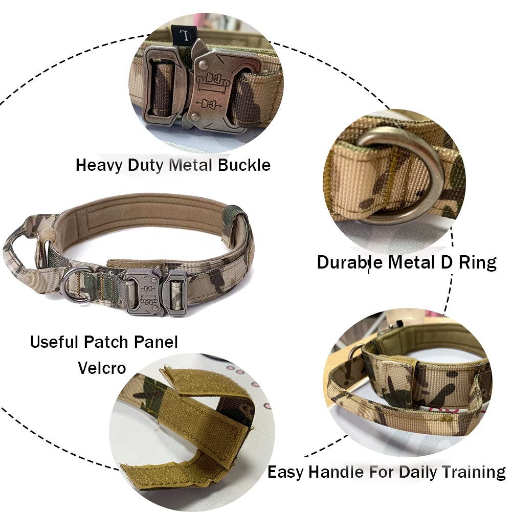 Tactical Dog Collar Military Dog Collar Adjustable Nylon Dog Collar Heavy Duty Metal Buckle With Handle For Dog Training (Camo,X