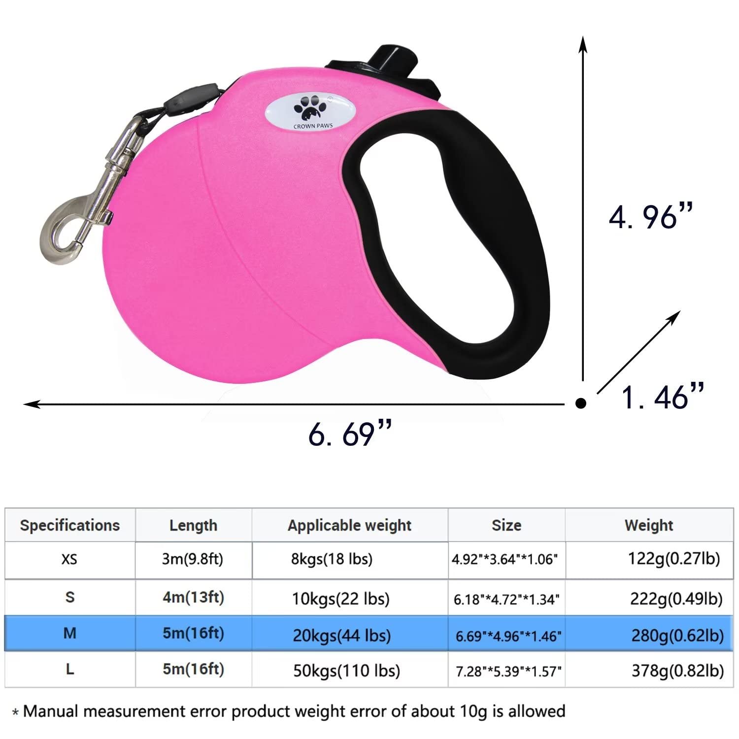 Crown Paws 16 Ft Retractable Dog Leash For Large Dogs Up To 44 Lbs,Tangle-Free Nylon Tape,Pink Dan M