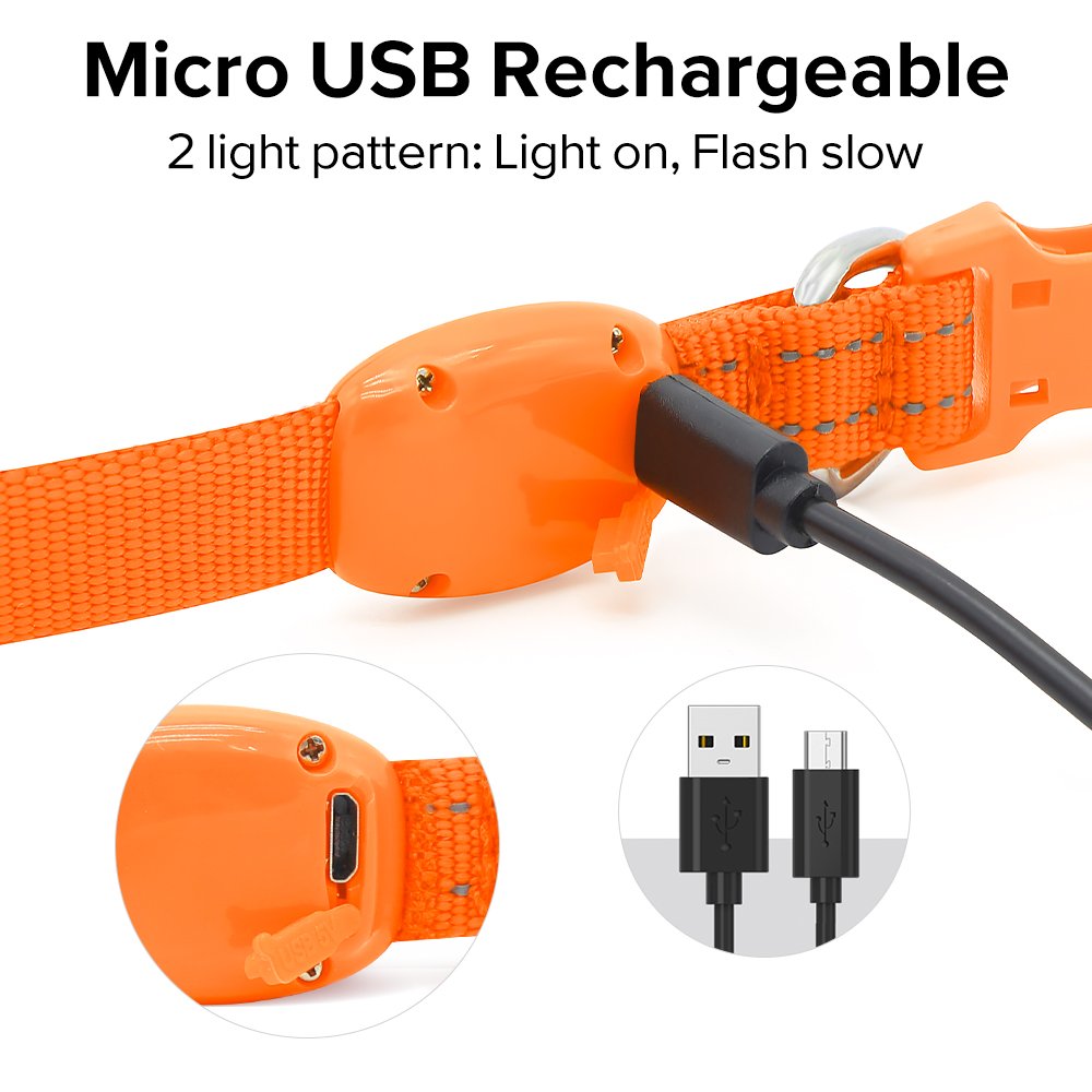 Illumifun Small Led Dog Collar, Usb Rechargeable Glowing Safety Collar, Adjustable Nylon Webbing Light Up Collars For Your Puppy (Orange, X-Small)
