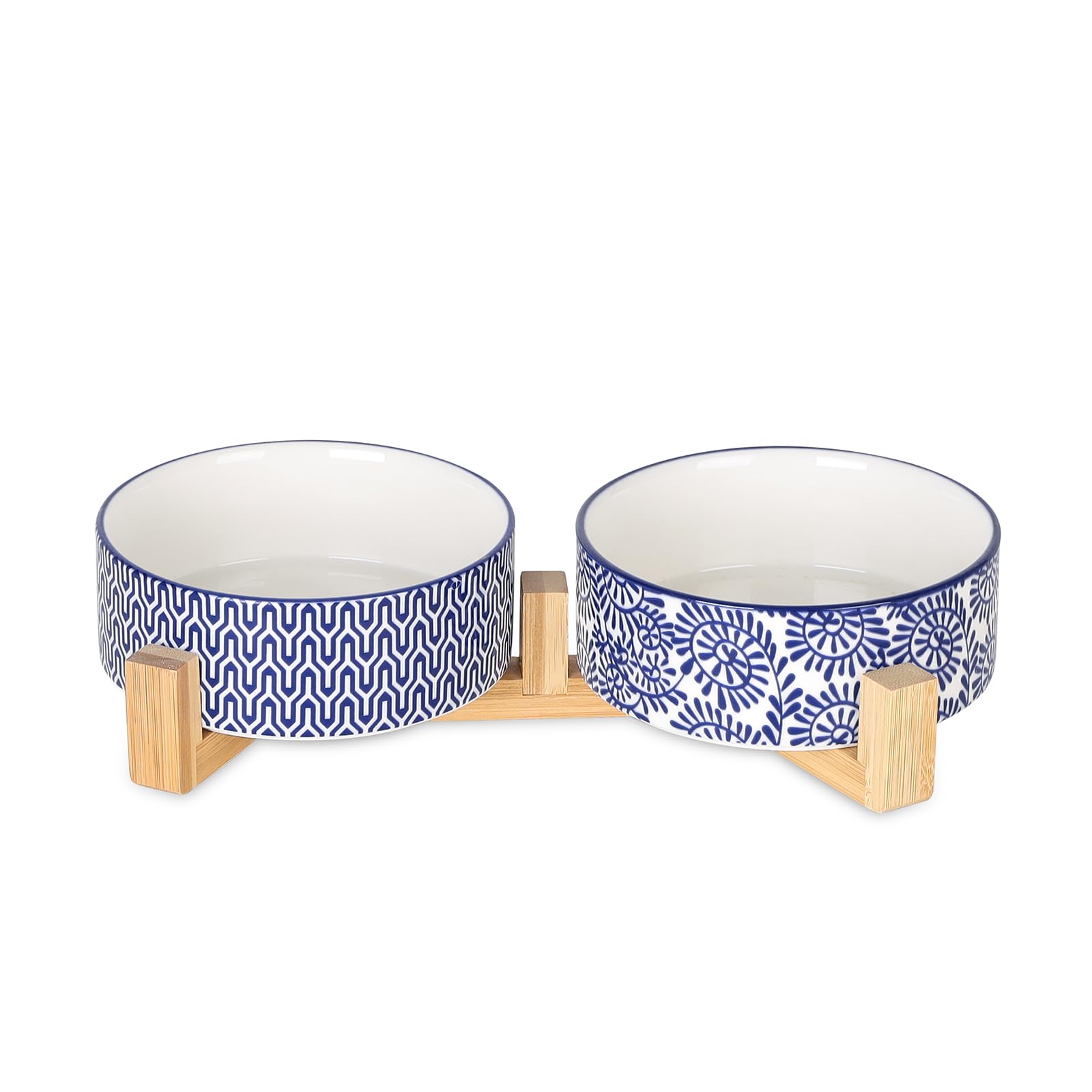 Selamica Ceramic 14 OZ Dog Bowls, Dog Food and Water Bowls with Wooden Stand, Anti-Slip Dog Dishes Set for Cats & Small Dogs, We