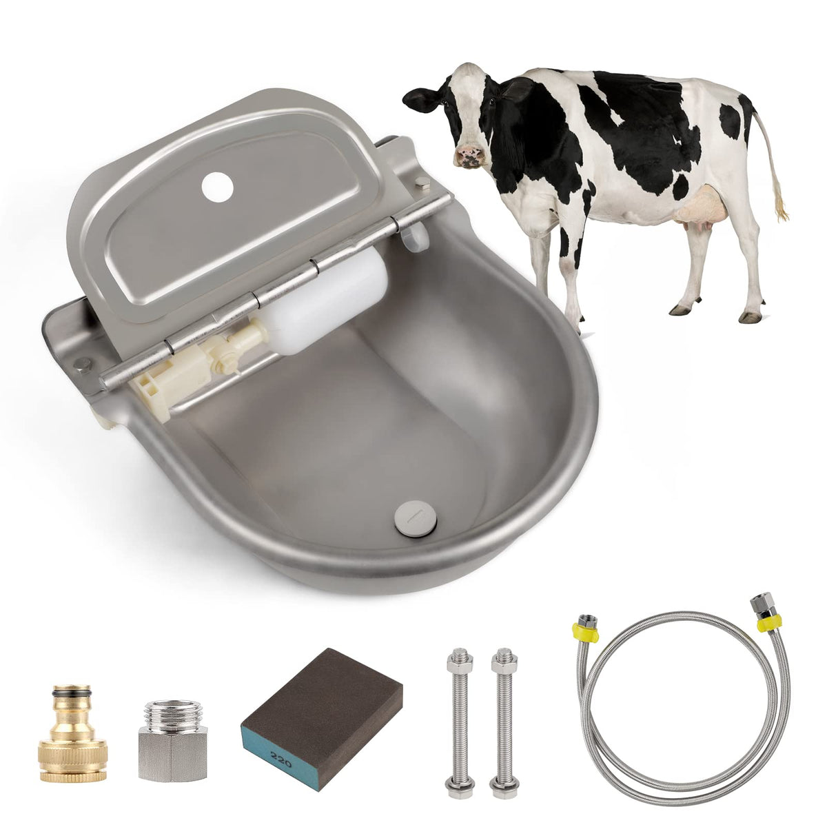 Cprosp Automatic Waterer Update With Drain Hole, Cow Drinking Water Bowl With Pipe Hose Stainless Steel Pet Supplies, Whole Set, Npt 1/2''