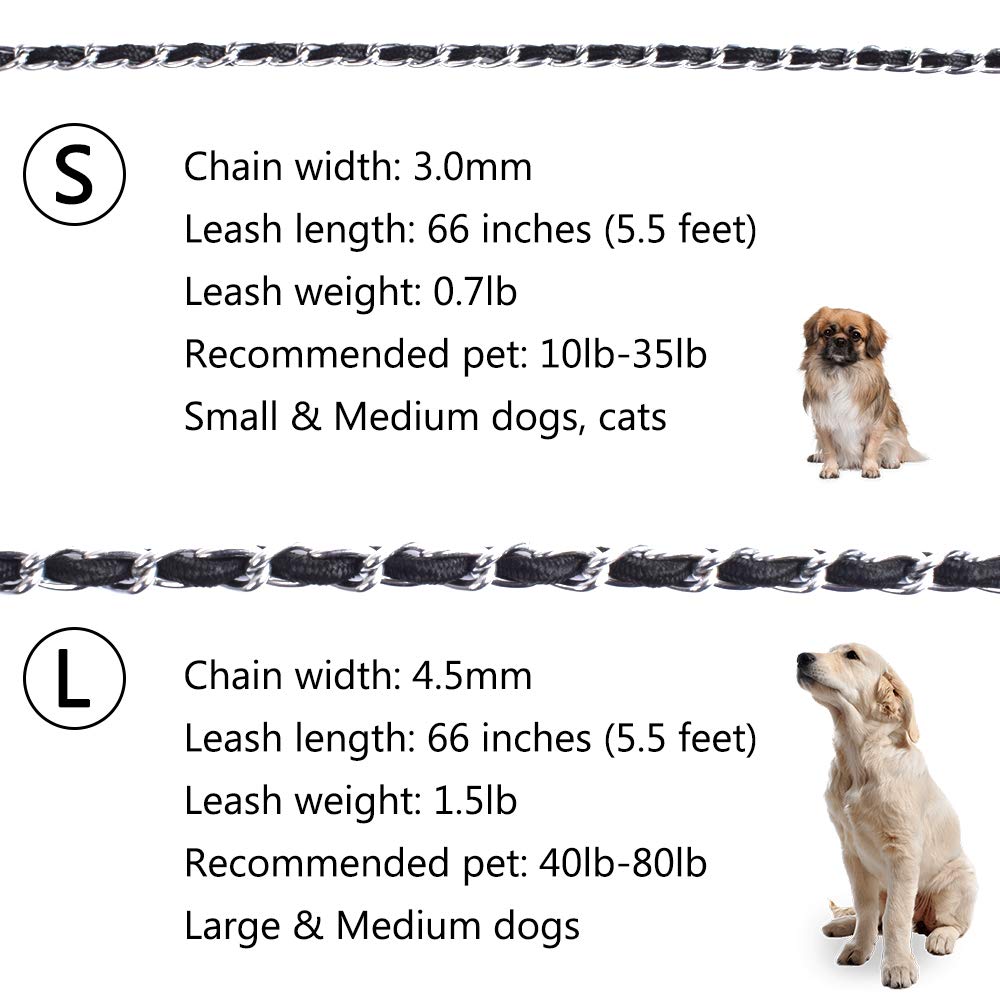 Chew Proof Dog Leash 5.5Ft Heavy Duty Dog Leashes Metal Pet Chain Lead With Soft Rope Handle For Medium Large Dogs Black
