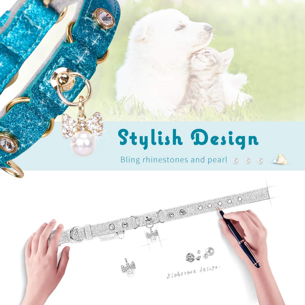 Petshome Cat Collar, Dog Collar, [Bling Rhinestones] Pu Leather Adjustable Pet Collar With Luxury Pendant For Cat And Small Dog Extra Small Blue