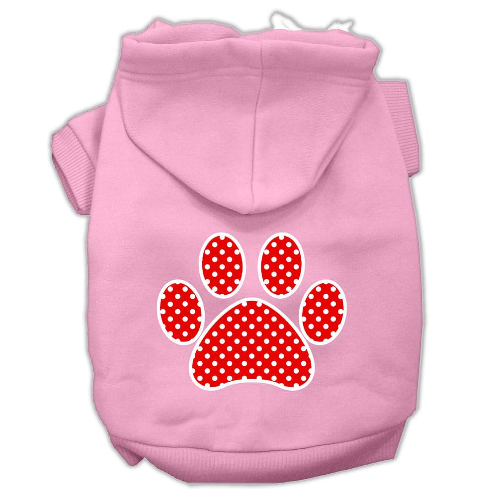 Pet Dog & Cat Hoodie Screen Printed, 'Red Swiss Dots Paw' Light Pink Lg (10-14 Lbs.)