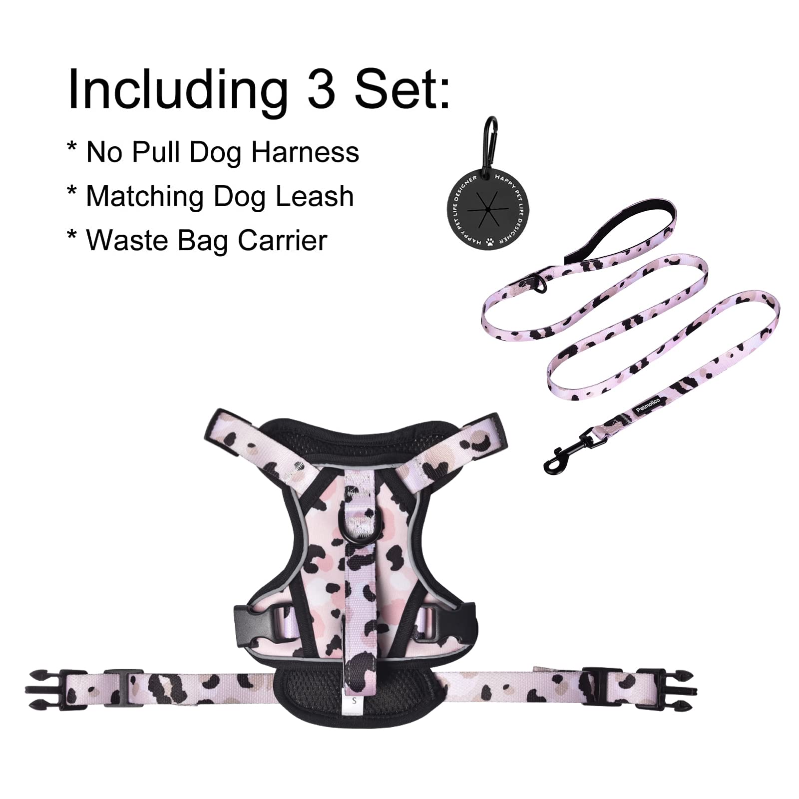 Petmolico Dog Harness For Small Dogs No Pull, Cute Dog Harness With Two Leash Clips And Soft Handle, Reflective Easy Walk Dog Harness With Leash, Pink Leopard Small