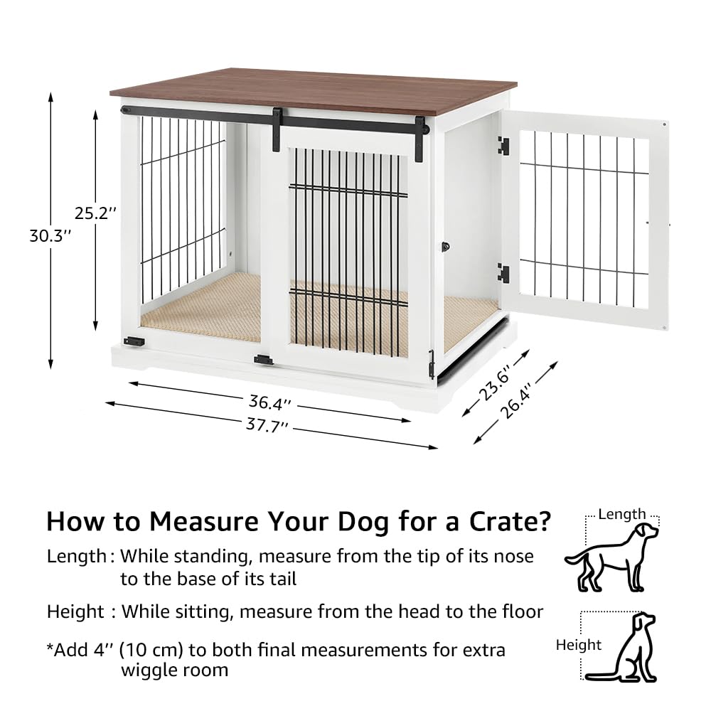 beeNbkks Dog Crate Furniture with Sliding Barn Door, Stylish Double Doors Wooden Kennel with Tray and Cushion, Decorative Indoor