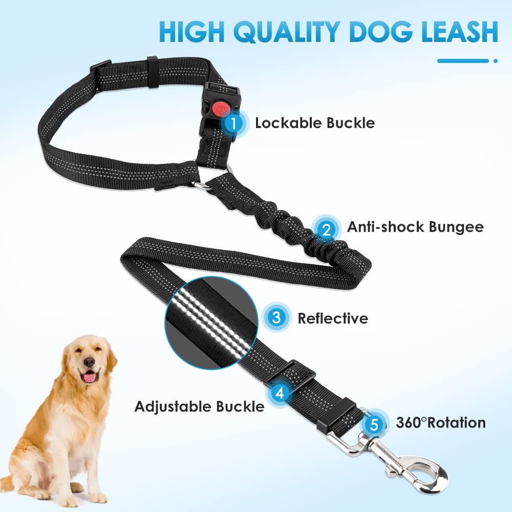 Slowton Dog Seat Belt For Car, 2 Pack Dog Car Harness Seatbelt Adjustable With Elastic Bungee Buffer, 2 In 1 Pet Car Leash Headrest Restraint Dog Reflective Safety Tether (Black, Headrest)