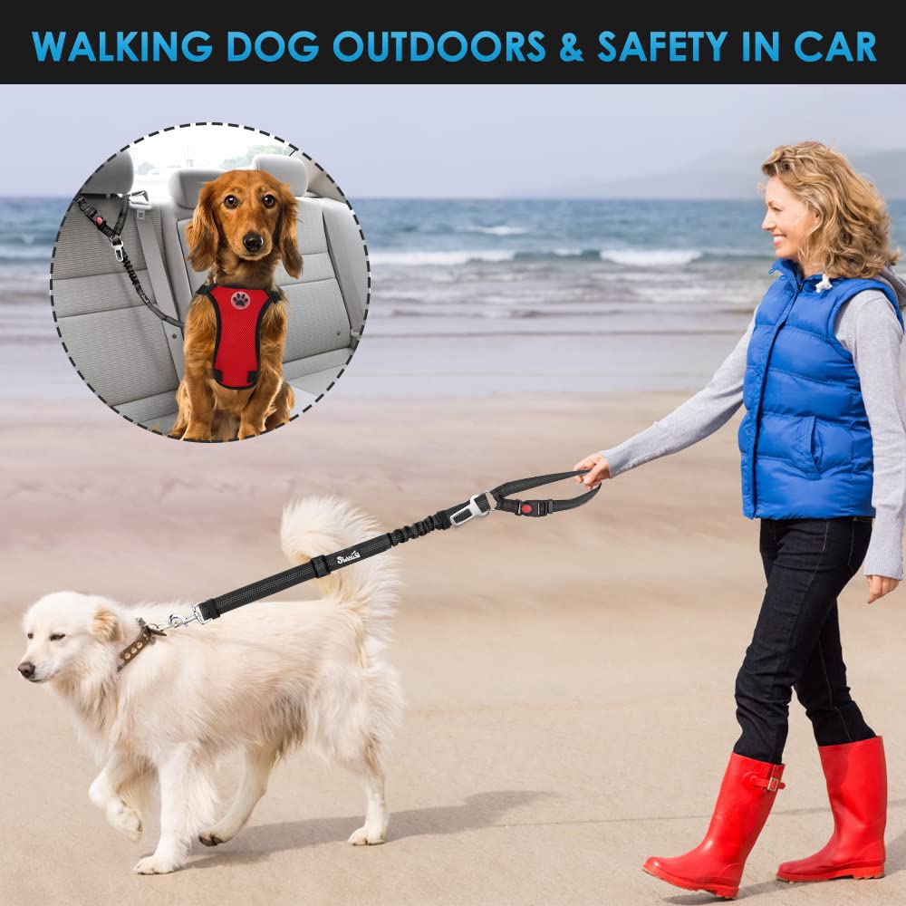 Lukovee Dog Car Seat Belt, 2 Pack Headrest Restraint Seatbelt, Adjustable Pet Safety Leads With Reflective Elastic Bungee For Dog Harness Collar Travel Daily Use (Black,Headrest + Clip)