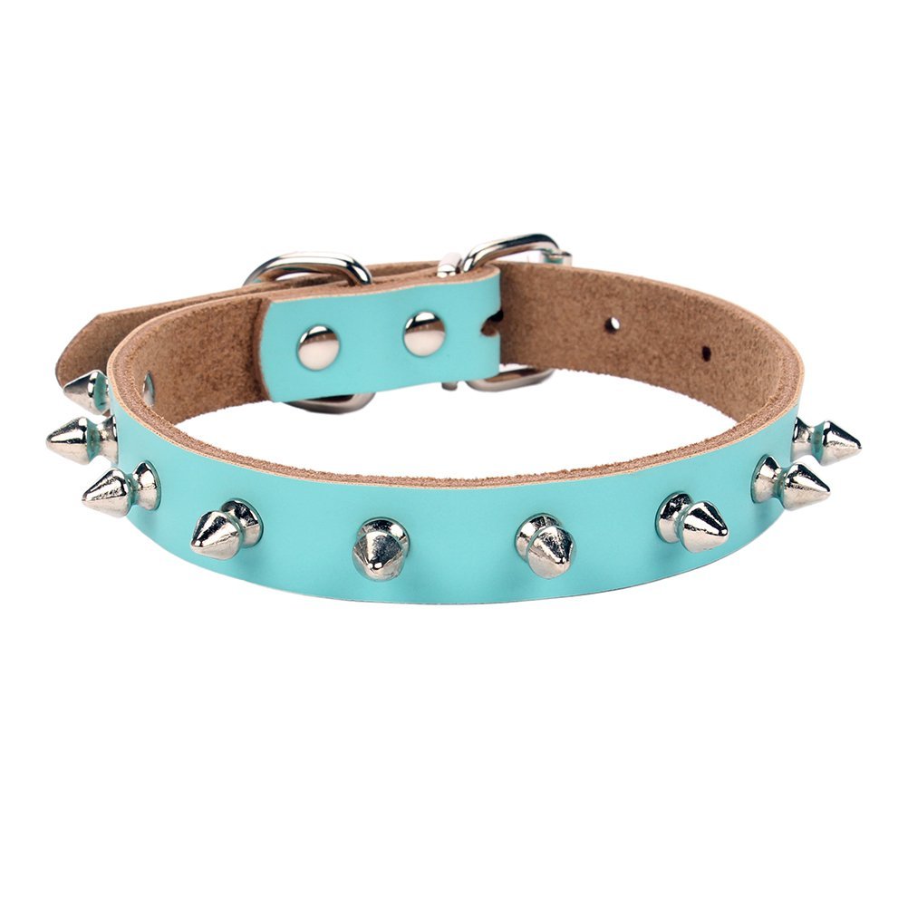 Aolove Basic Classic Adjustable Genuine Cow Leather Pet Collars For Cats Puppy Dogs (X-Large, Blue-Spiked Rivet)