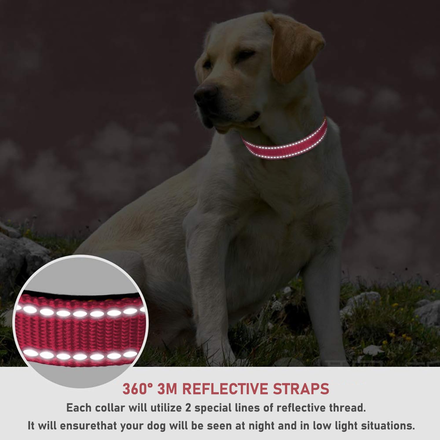 Reflective Dog Collar With Buckle Adjustable Safety Nylon Collars For Small Medium Large Dogs, Light Pink L