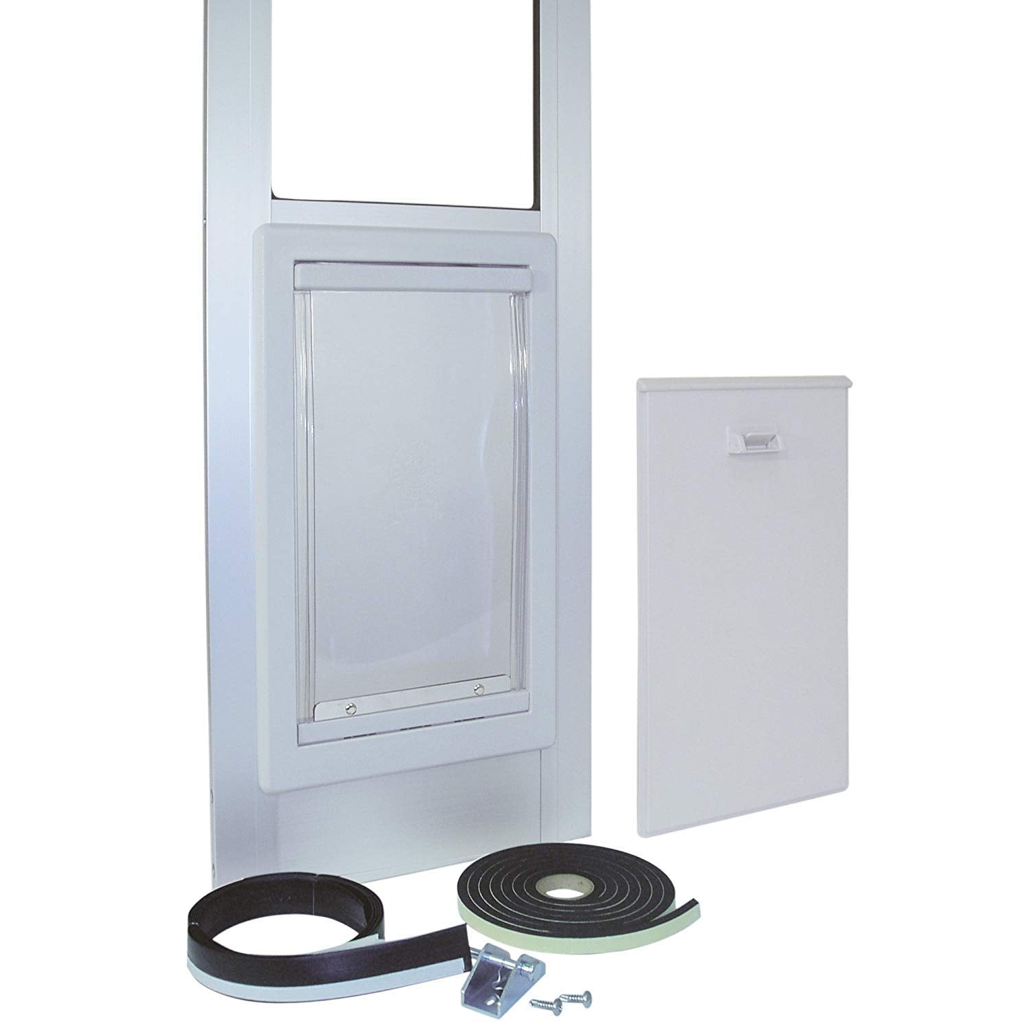 Ideal Pet Products Modular Aluminum Pet Patio Door With Single Pane Glass And Clear Flexible Flap. Fits Up To 1” Aluminum Patio Track Width Only, Extra Large, White