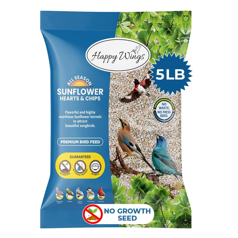 Happy Wings Sunflower Hearts & Chips - Sunflower Kernels and Chips Bird Food- 5 Pounds I No Mess, No Waste Seed| No Grow Seed | 