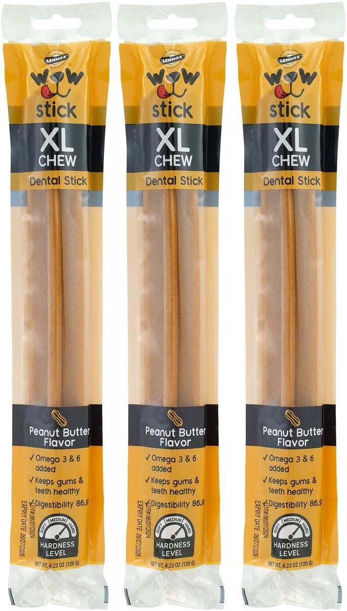 Wow XL Sticks 9.5 Peanut Butter Dental Stick Dog Chew Treat | Omega 3 & 6 Added | Keeps Gums & Teeth Healthy | 4.23 Ounces - 3 P