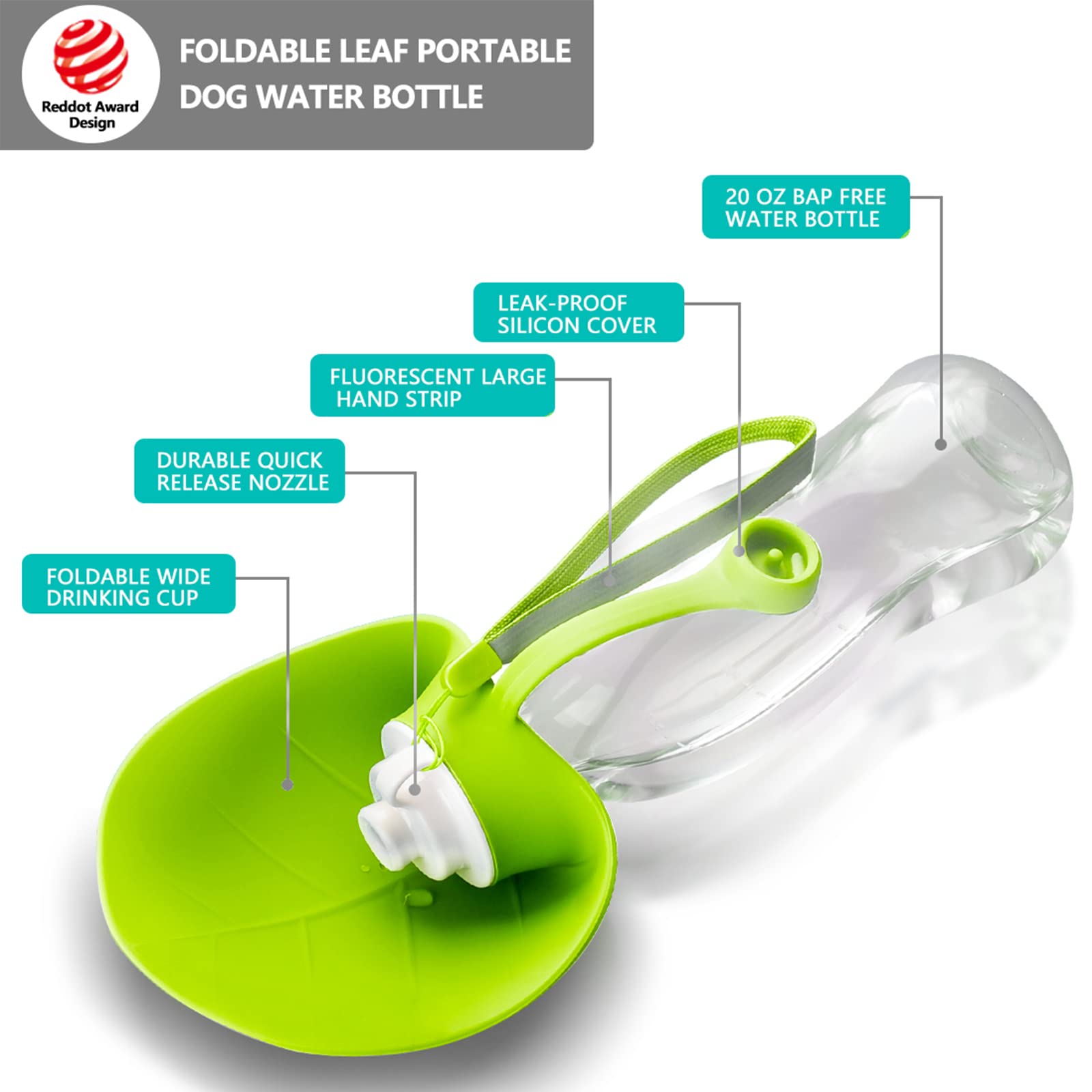 Tiovery Dog Water Bottle, Portable Pet Water Dispenser Feeder Leak Proof With Drinking Cup Dish Bowl For Outdoor Walking, Hiking, Travel, 20Oz Water Bottle Fit For Small To Large Dogs And Cats Green