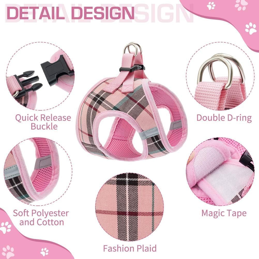 KOOLTAIL Small Dog Harness and Lead Set, Soft Mesh Plaid Puppy Harness with Safety Buckle, Adjustable & Comfortable Padded Refle