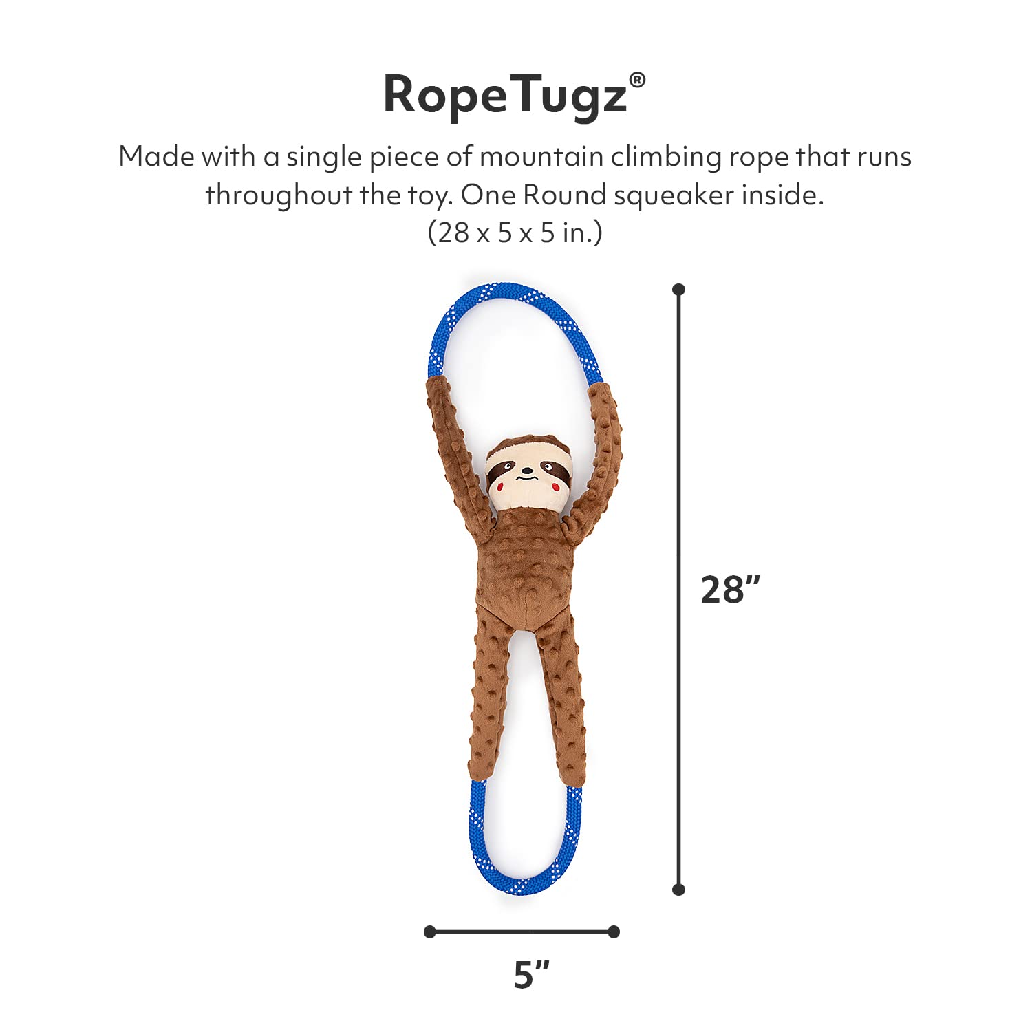 Zippypaws - Ropetugz Sloth Dog Toy - Durable Rope, Squeaky Chew Toy, Perfect For Tug Of War, Suitable For Small, Medium, And Large Breeds - Machine Washable