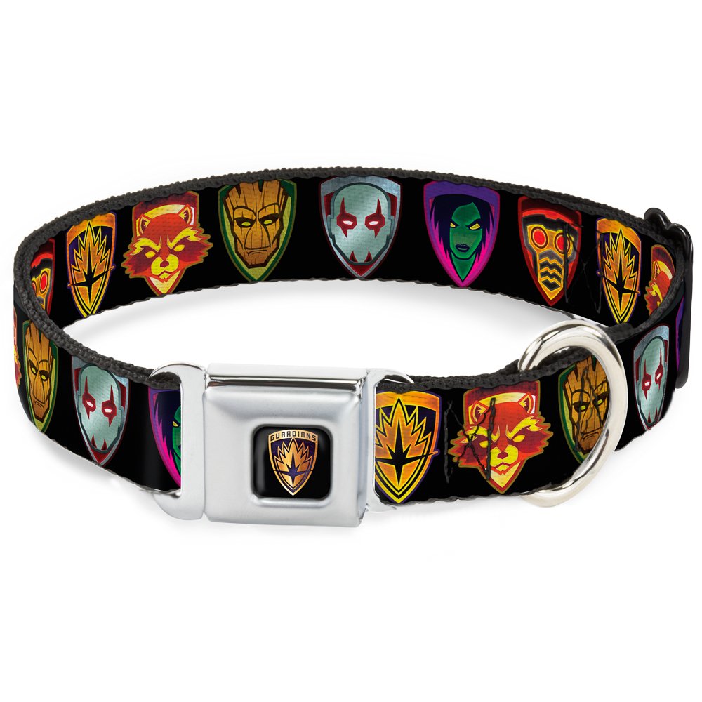 Buckle-Down Dc-Wmc111-Wl Seatbelt Dog Collar, Wide Large, Guardians Of The Galaxy Badge/5-Character Icons Black/Multi Color