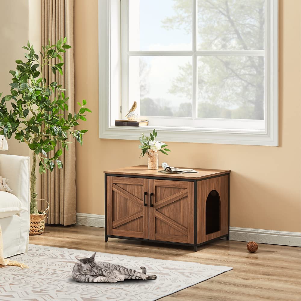 Unipaws Cat Litter Box Enclosure With Open Top, Suitable For Large Cat, High Jumbo Litter Box, Automatic Litter Box Hidden, Cat House, Privacy Cat Washroom Bench (Walnut)