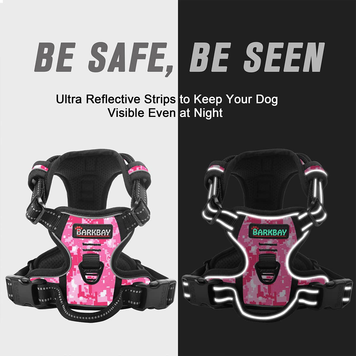 Barkbay No Pull Dog Harness Front Clip Heavy Duty Reflective Easy Control Handle For Large Dog Walking(Pink Camo,Xl)