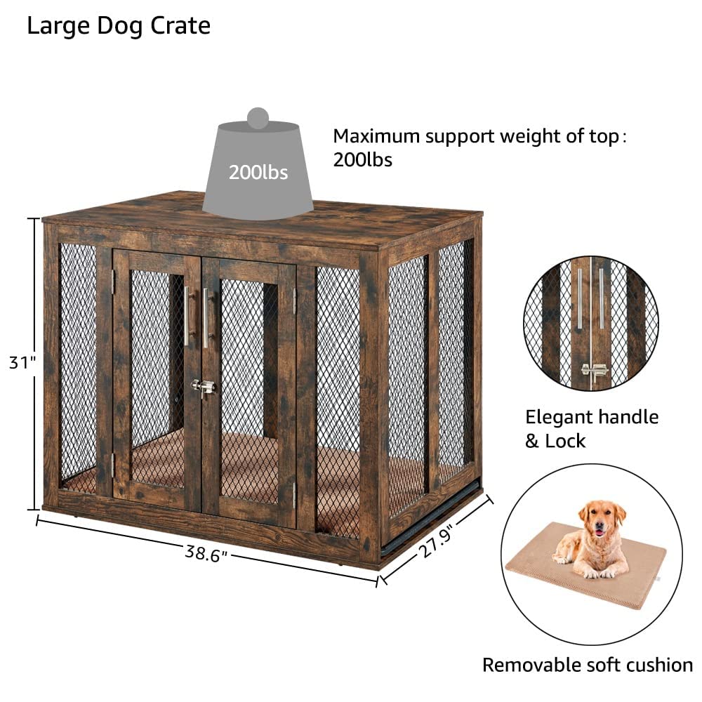 unipaws Large Rustic Dog Crate - Engineered Wood Kennel, 38.6"L x 27.9"W x 31.1"H, Modern Decorative Design, Model UH5148