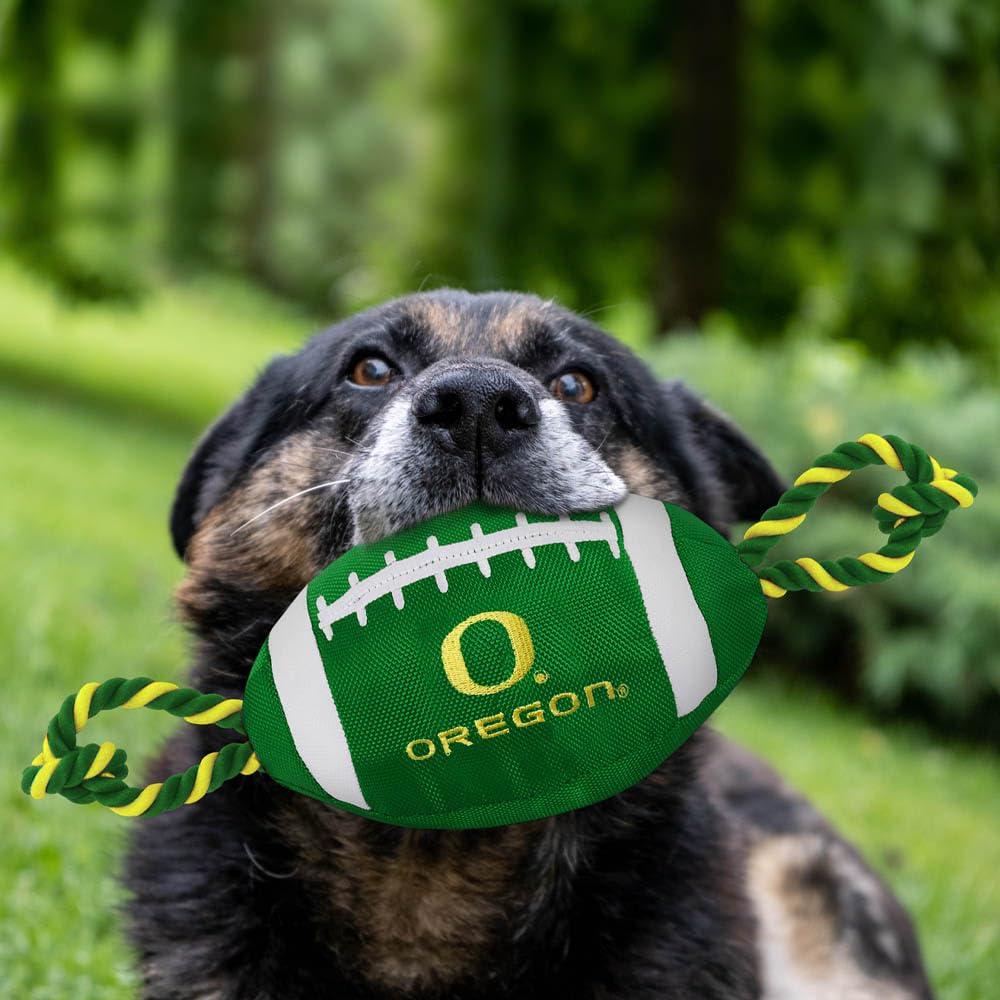 Pets First Ncaa Oregon Ducks Football Dog Toy, Tough Quality Nylon Materials, Strong Pull Ropes, Inner Squeaker, Collegiate Team