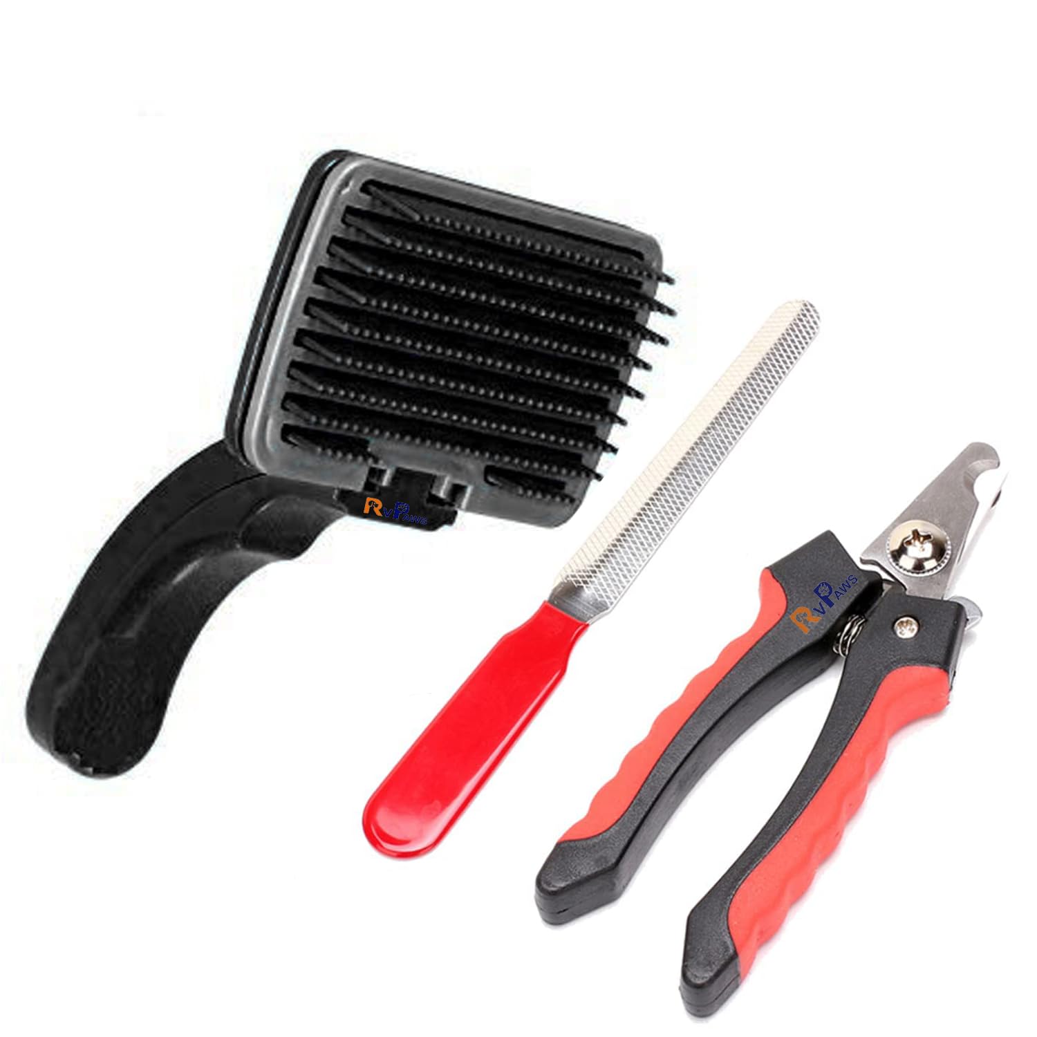 Rvpaws Combo Of 2 Grooming Brush And Nail Cutter For Dogs, SpringLoaded SelfCleaning Feature, Remove Shedding Hair, Tangles An