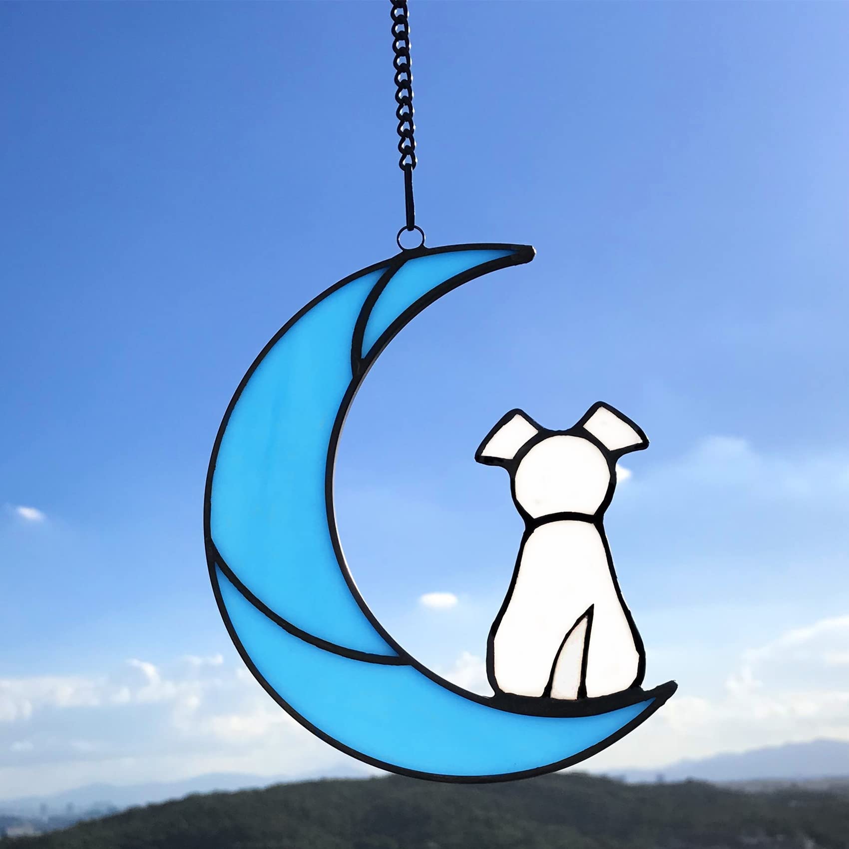 Lcensp Stained Glass Pet Dog Memorial Gifts For Dog Lovers, White Dog Decor On Blue Moon Window Hangings Suncatcher, Loss Of Dog
