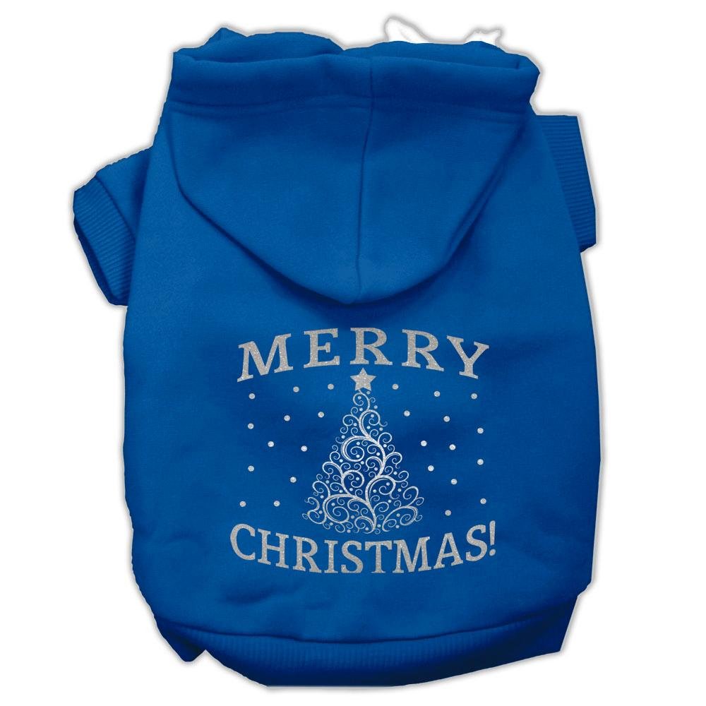 Christmas Pet Dog & Cat Hoodie Screen Printed, 'Shimmer Christmas Tree' Blue Sm (3-6 Lbs.)