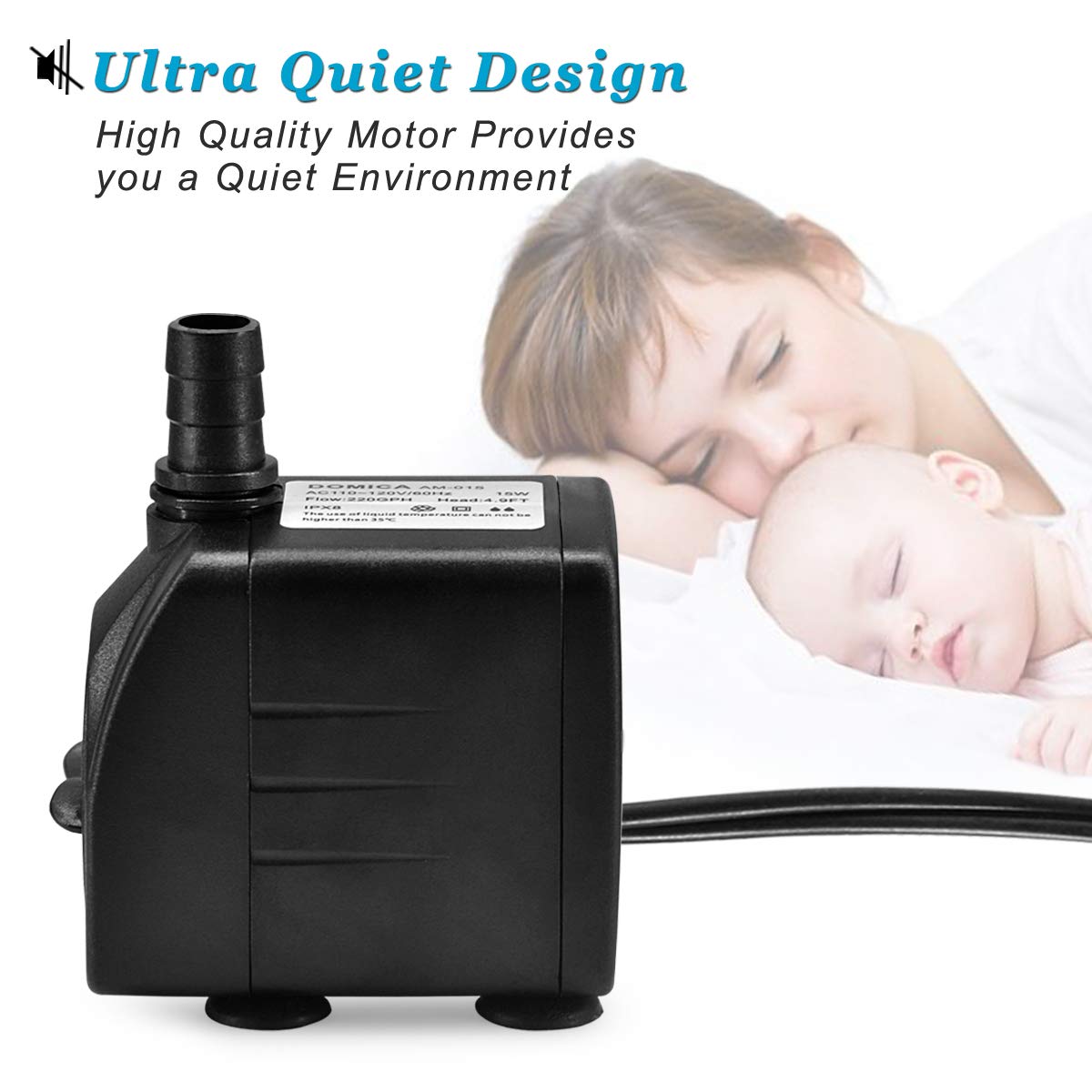 DOMICA 220 GPH Ultra Quiet Fountain Pump, Small Submersible Pump (15W 800L/H) for Pond, Water Feature, Aquariums, Hydroponics, I
