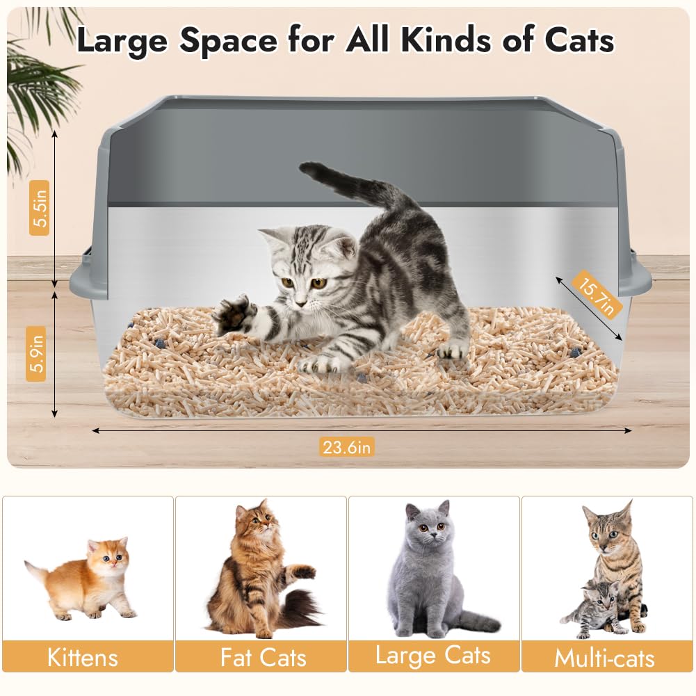 Vivifying Xl Stainless Steel Cat Litter Box, High Side Metal Litter Pan With Scoop And Footboard For Big Cats, Kittens, Rabbits
