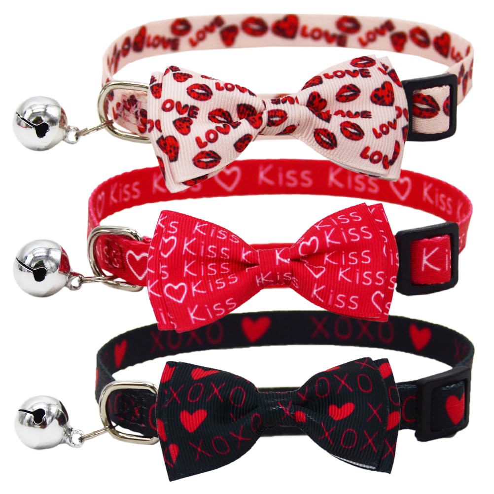 3Pcs Valentines Day Cat Collar With Bow Tie And Bell Heart Love Red Lips Kiss Xoxo Pattern For Small Medium Large Kitten Black P