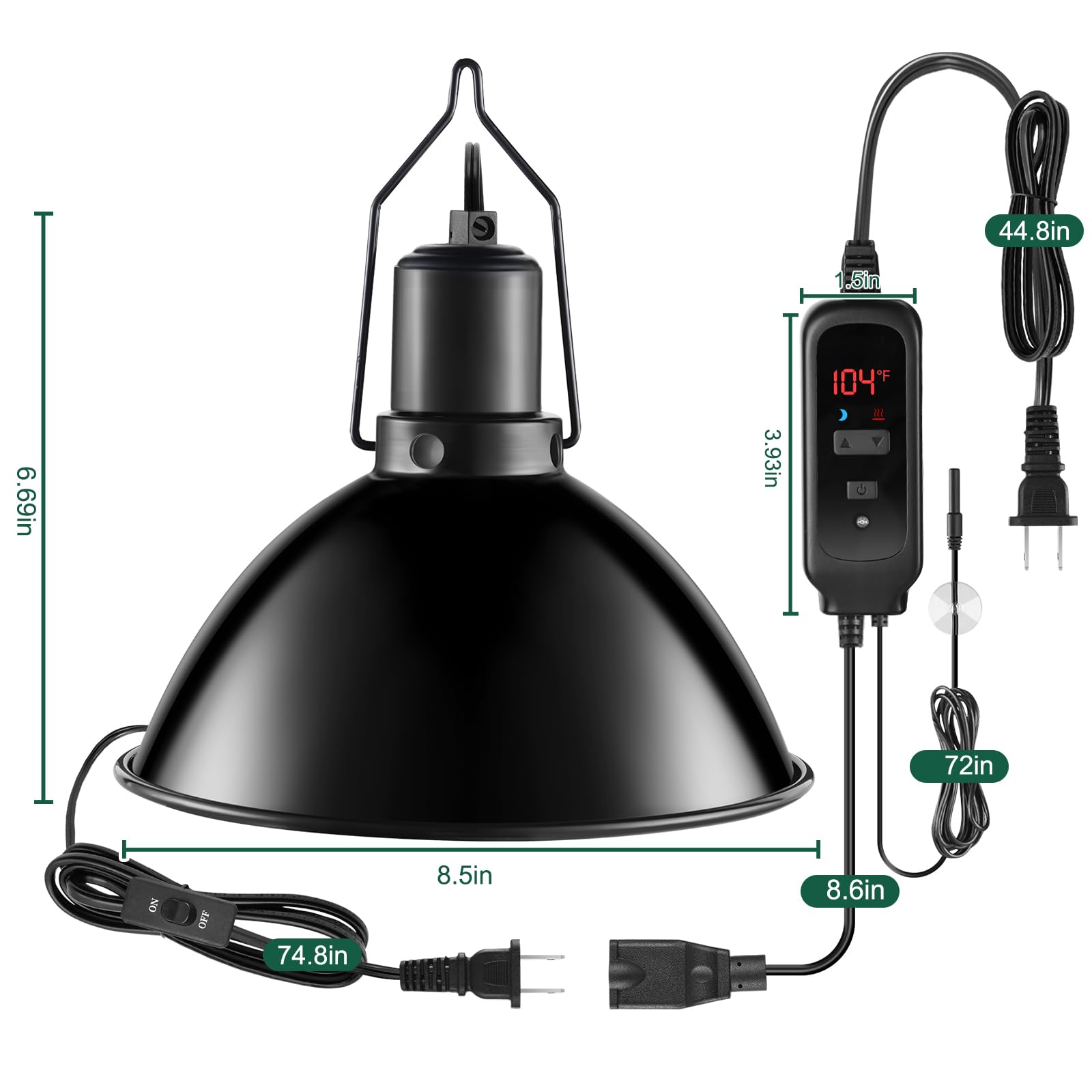 DXOPHIEX Reptile Heat Lamp Fixture with Dimming Thermostat, 8.5 Inch, Black, Max 150W for Bearded Dragon, Turtles, Snake, Lizard,