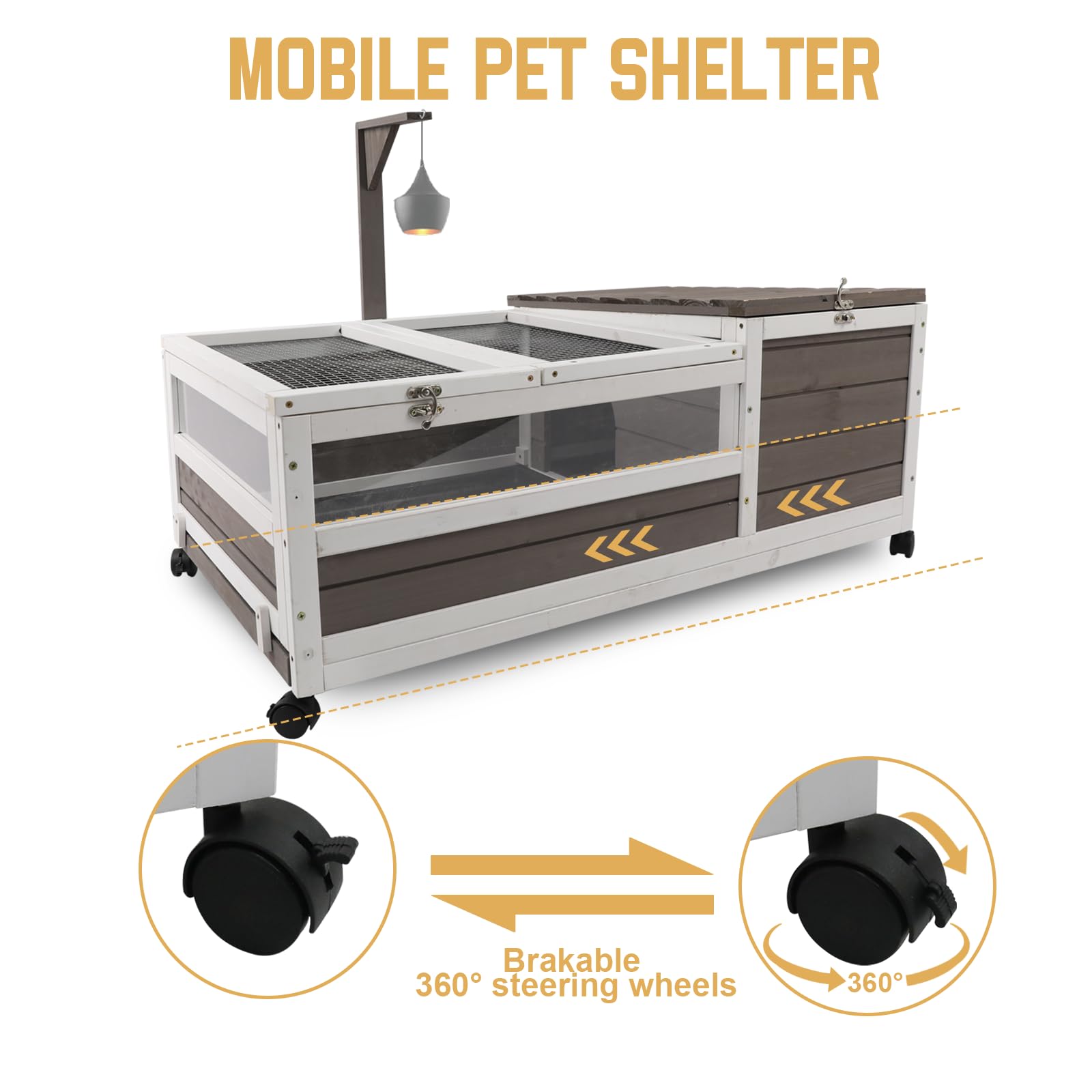 PetsCosset Tortoise Habitat on Wheels, Large Wooden Indoor/Outdoor Enclosure, 39''L x 23''W x 14''H, GreyWhite, Model TOR02-Grey