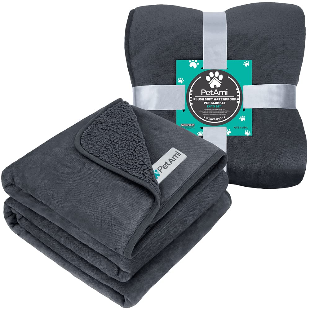 Petami Waterproof Dog Blanket For Small Medium Dogs, Pee Proof Pet Blanket Sherpa Fleece Couch Cover, Reversible Cat Throw Bed Sofa Protector, Soft Plush Washable Pad (Small 24X32, Gray)