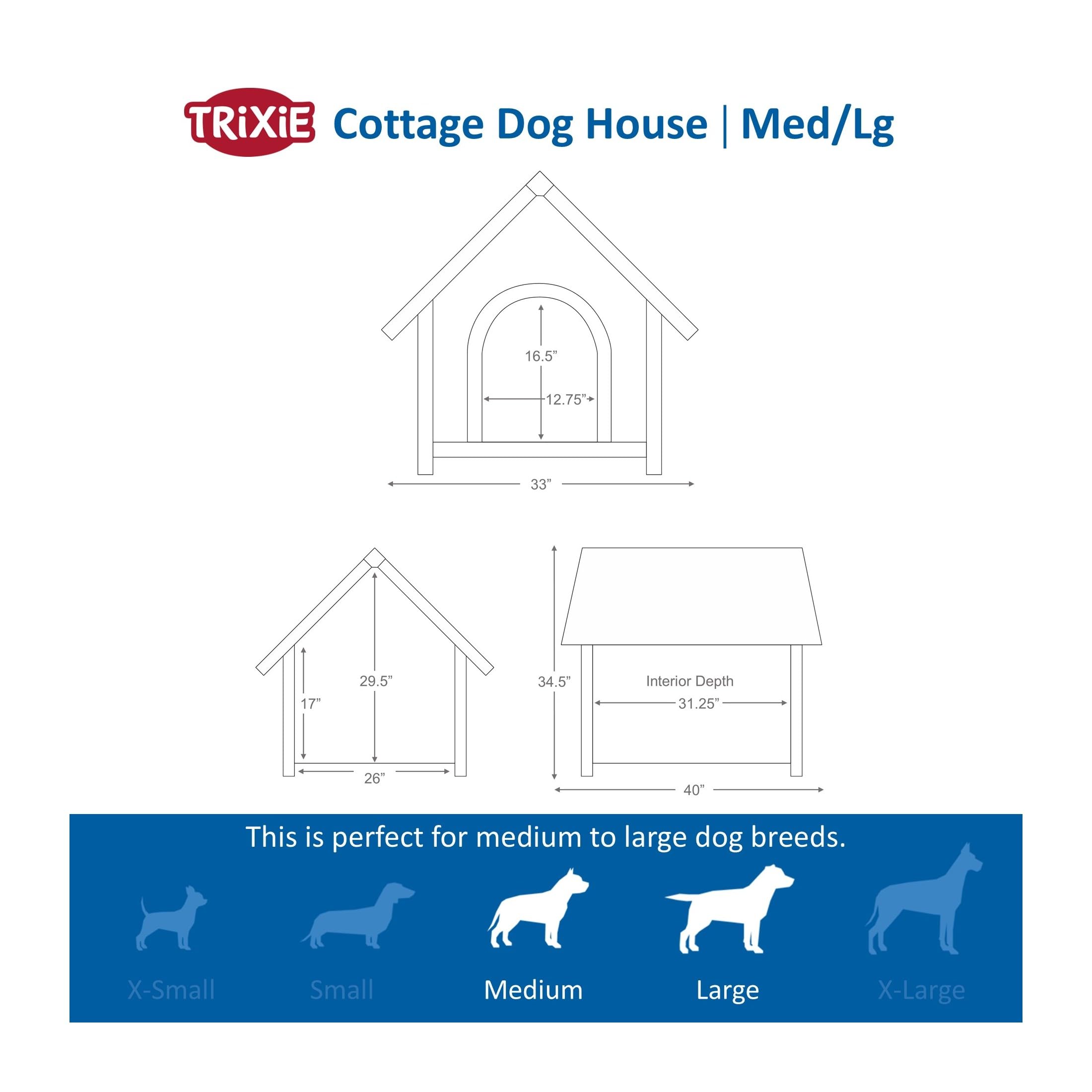 Trixie Natura Cottage Dog House – Outside Dog House For Large Dogs With Weatherproof Sealer & Peaked Roof, Wooden Dog House With Adjustable Legs For Large Dogs – 40 X 33 X 34.5 In
