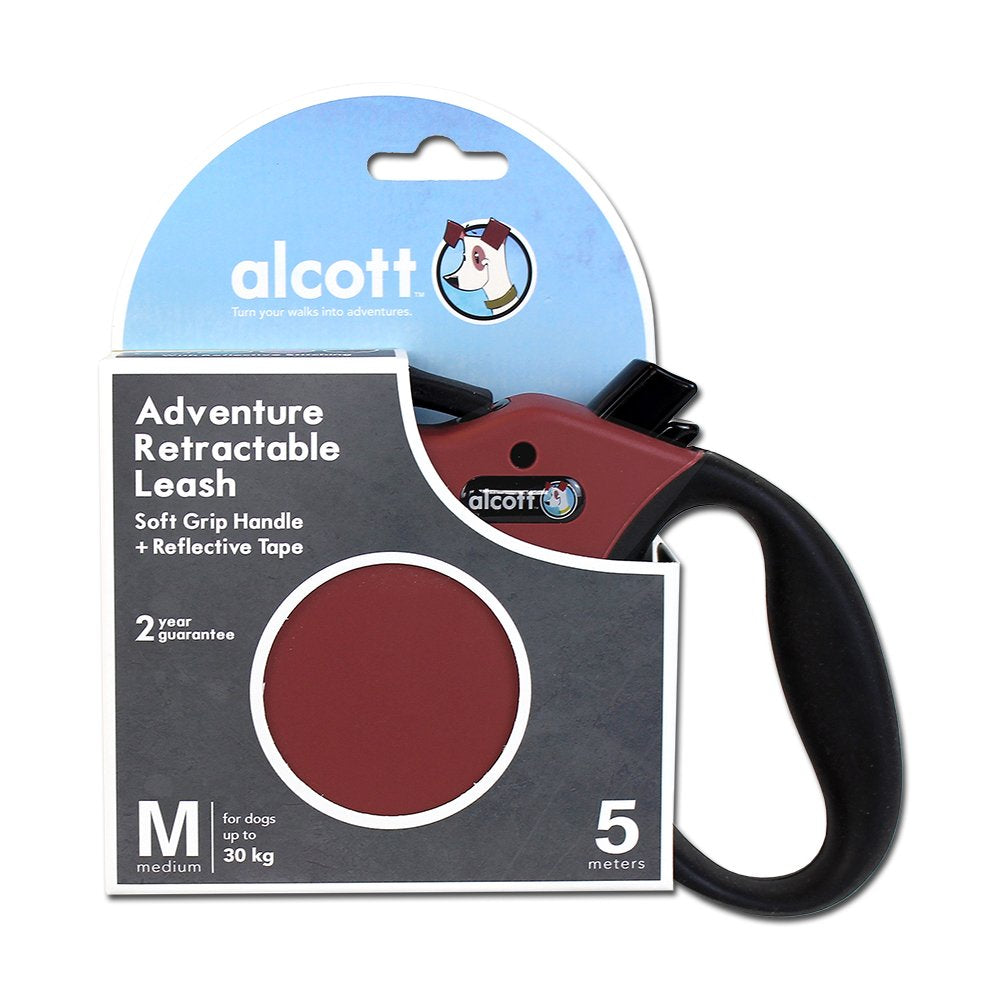 Alcott Adventure Retractable Reflective Belt Leash, 16' Long, Medium For Dogs Up To 65 Lbs, Red With Black Soft Grip Handle,Rlsh